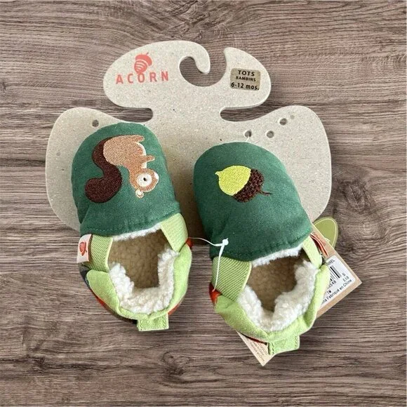 Acorn Baby Tots Squirrel Baby Slippers Green Fur lined NEW 6-12 Months‎
