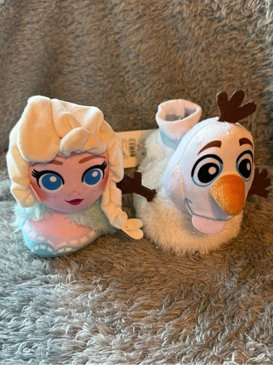 Frozen Girls 5-6 Plush Elsa and Olaf Slippers Blue, White, Orange Slip On  New