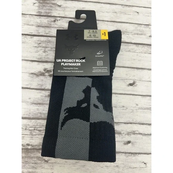 Under Armour Project Rock Socks Men 7-8.5 Women 6-10 Black Crew Bull Logo NEW