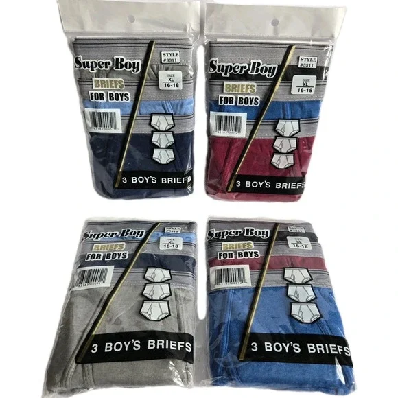 NEW‎ Lot Of 4 3-packs Boys Briefs XL 16-18 Assorted Colors Underwear Super Boy