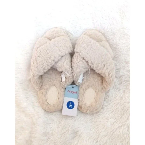 Cat & Jack Girls Soft & Furry Cross Front Slide Slippers (Size L/4-5) Off-White
