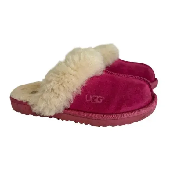 UGG Cozy II Suede Slippers Kids 2 Pink Shearling Fur Lining Winter Warm 1019065K