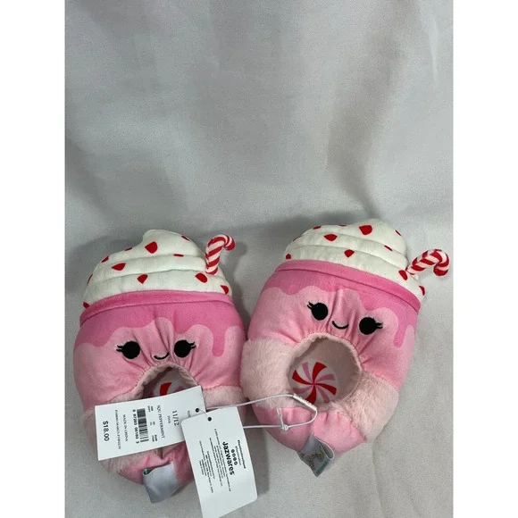 Squishmallows Peppermint Hot Cocoa Pink Plush Slippers Kids Size 11/12 NWT
