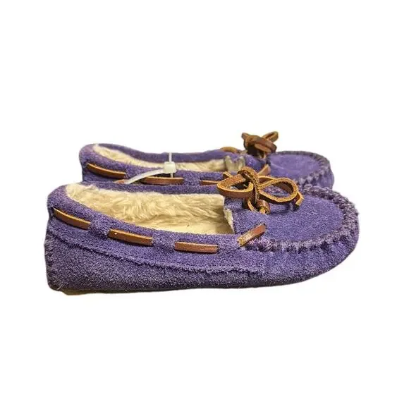 Minnetonka purple suede leather tie Sherpa lined slippers size 6 casual Gorpcore
