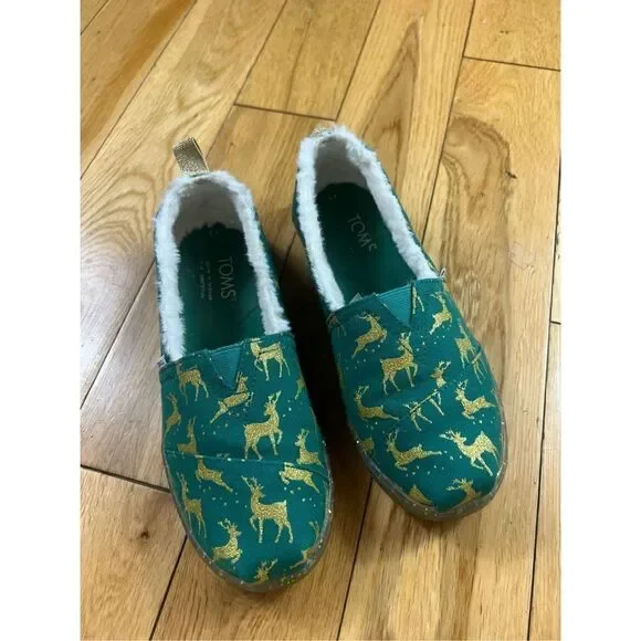Toms Girls Green Reindeer Shoes Size 3
