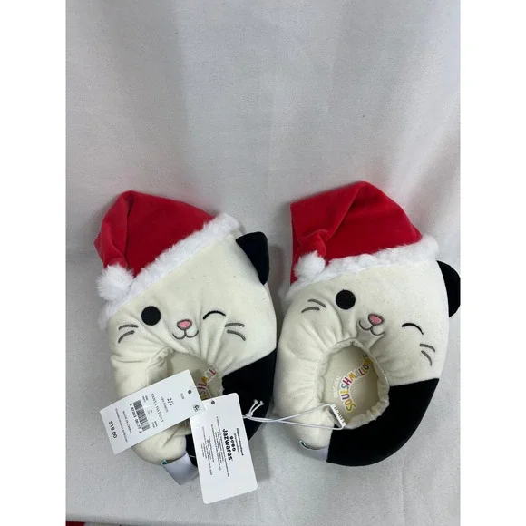 Squishmallows Santa Hat Cat Plush Slippers Kids Size 2/3 Off-White Black Holiday
