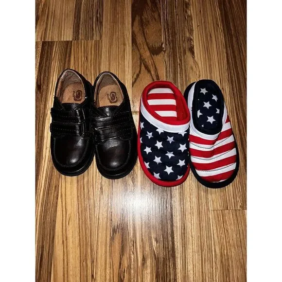 Boys Dearfoam Slippers TCP Dress Shoes 9c 10c‎ 9/10 Lot Of 2 American Flag