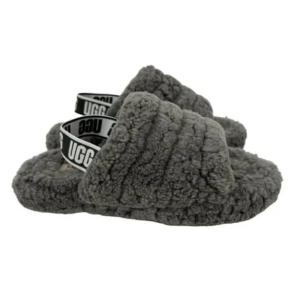 UGG Fluff Yeah Slide Slippers Kids Size 3 Charcoal Gray Sheepskin Rubber Sole