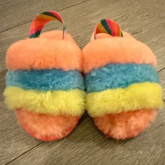 UGG Fluff Yeah Colorful Rainbow Stripe Sheepskin Cozy Slides Sandals Kids 7
