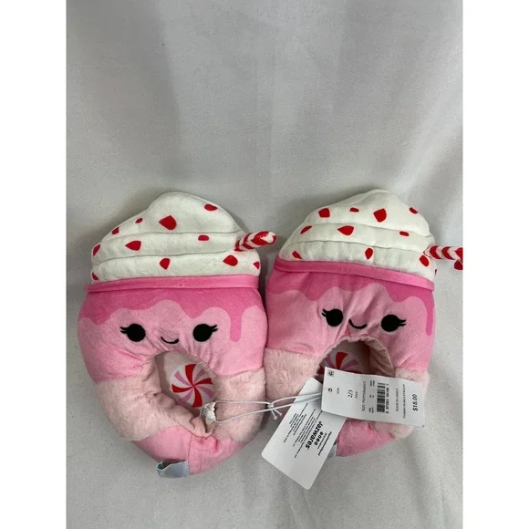Squishmallows Peppermint Pink Milkshake Plush Slippers Kids Size 2/3 NWT