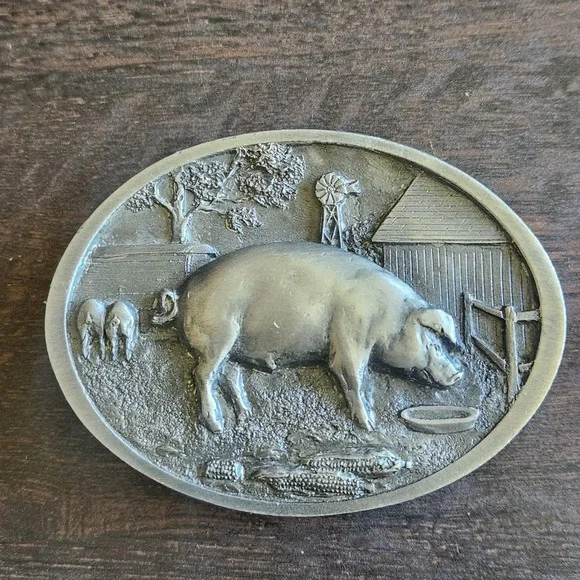 Vtg‎ 1987 CJ Inc Pewter Belt Buckle Pig Farm Barn Corn Windmill USA