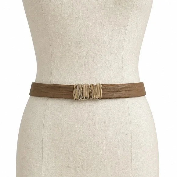 Leather Waist‎ Belt Womens Medium Tan Gold Sculptural Buckle Vintage Style