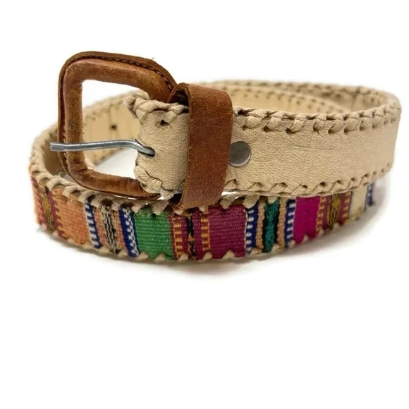 Vintage Handmade Boho Cream Leather and Colorful Woven Fabric Women's Belt‎