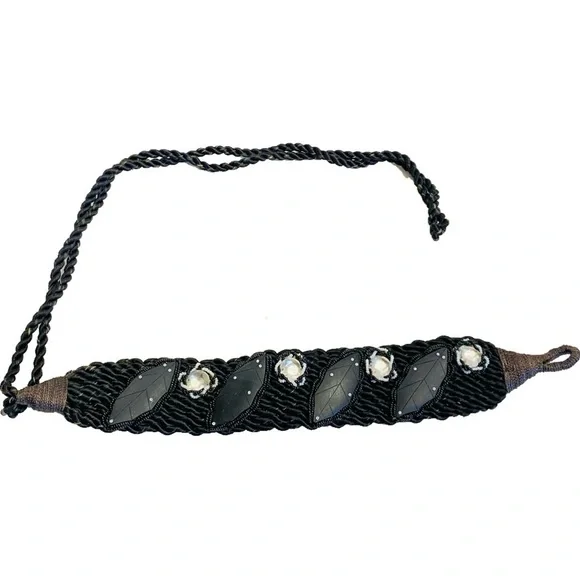 Vintage 80s Artsy Wood Beaded and Carved Shell Cummerbund Rope Belt Retro Boho