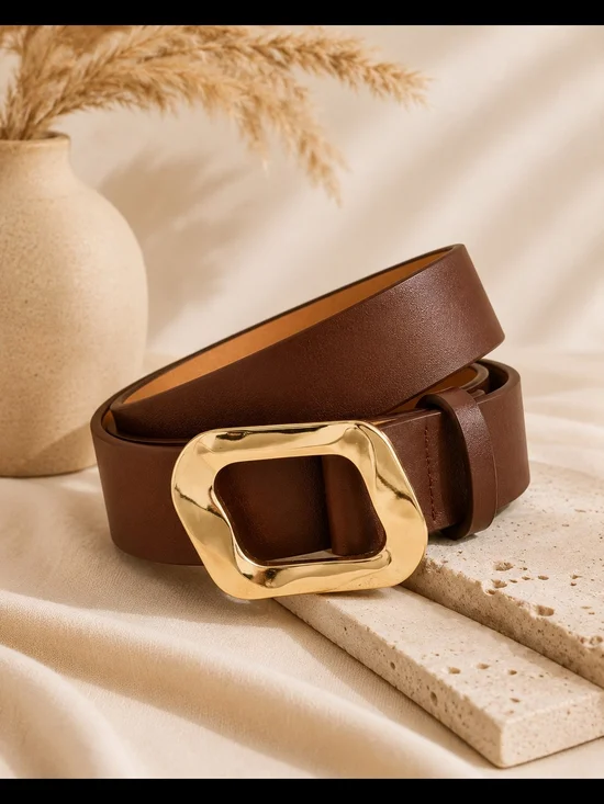 Women's Brown Leather Belt with Gold Sculpted Buckle