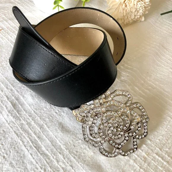 Black Faux Leather Belt with Large Rhinestone Rose Buckle, Size Small