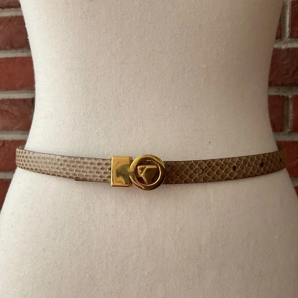 Vintage Beige Tan Snakeskin Leather Belt Removable Gold Buckle NEW
