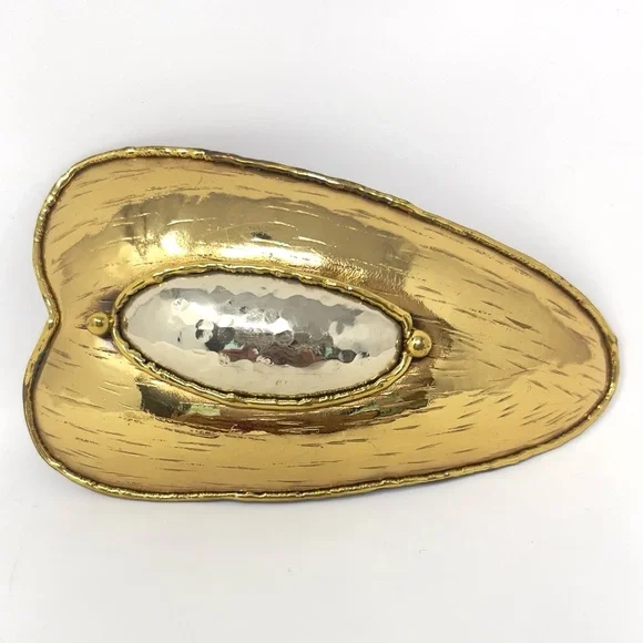 Vintage‎ Gold Abstract Belt Buckle Hammered, Silver Center Statement