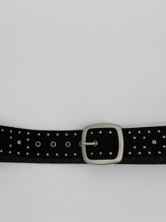 Black Faux Leather Studded Belt With Silver Buckle Suede Sz 16W Biker Goth Punk
