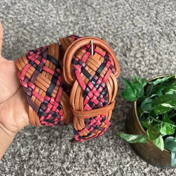 VTG Wide Weaved Braided Leather Waist Belt Size 36 Brown Boho Bohemian Classic