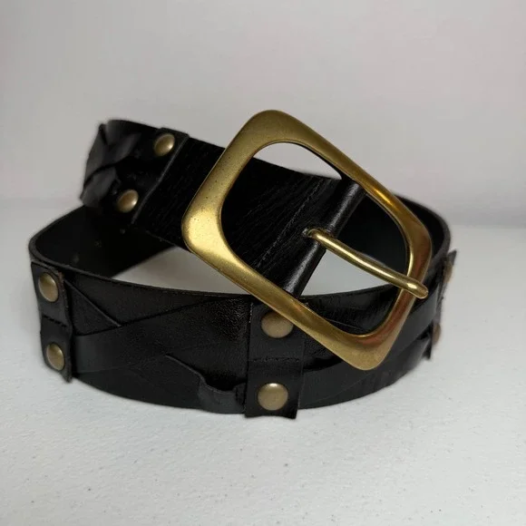 Linea Pelle Black Genuine Leather Stud Belt LPWD06508 Medium