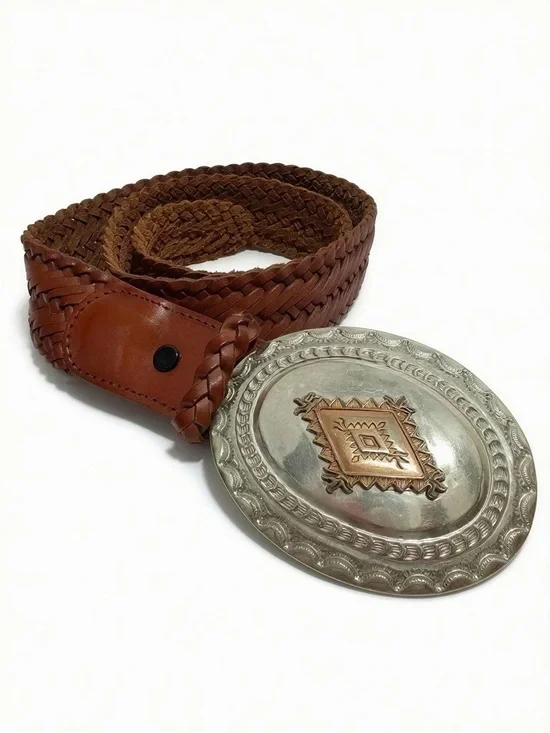 Vintage Woven Brown Leather Belt with Decorative Silver-Tone Buckle - M