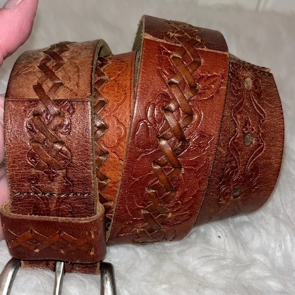 Brown leather belt patchwork leaves/floral stamped  whipstitching brass buckle M