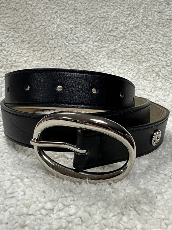 Black Vegan Leather Belt with Shiny Silver colored Oval Buckle, ‘SW” Logo NWOT L