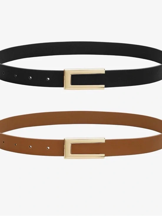 Set of Two Gold-Accent Women's Faux Leather Belts — Black & Cognac