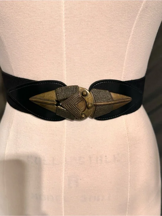 Women's Black Elastic Waist Belt with Antique Gold Geometric Buckle