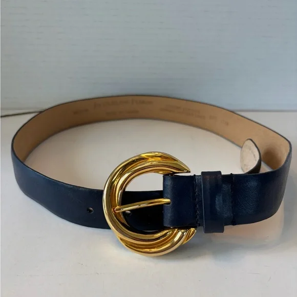 Jaqueline Ferrar navy leather gold tone buckle belt‎