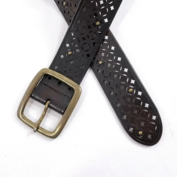 Gap Belt Dark Brown Leather Laser Cut‎ Studded Brass Buckle Wide Women L