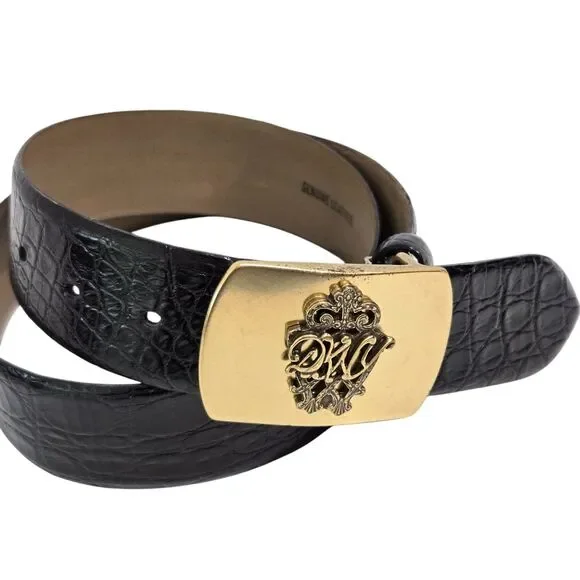 DKNY vintage Women Belt M croc embossed leather Logo Crest Monogram Buckle Black