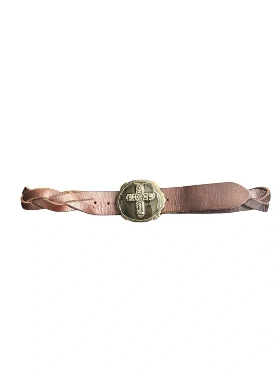 Lucky Brand Brown Braided Leather Belt with Enamel Floral Cross Buckle