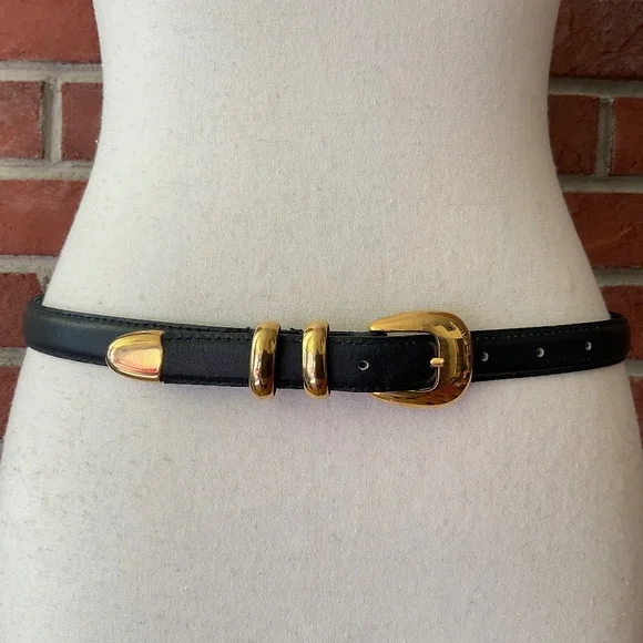 NEW Navy Leather Gold Buckle Adjustable Belt Size M Made in Taiwan