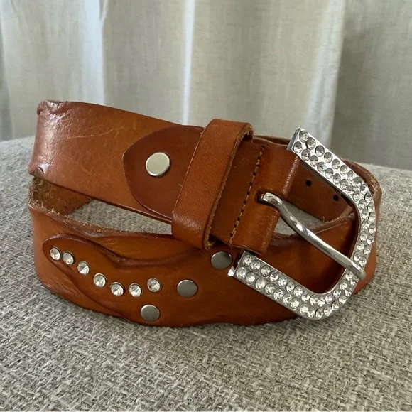 Boho Western Leather Belt Rhinestone Studded Buckle Festival Cowgirl Statement