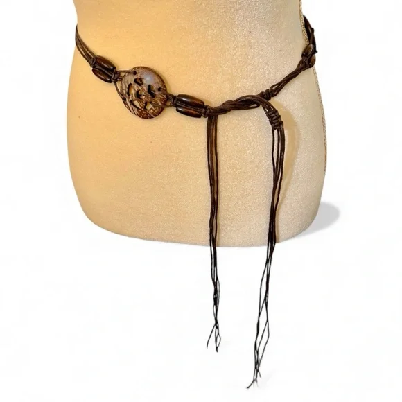 Bohemian Hippie 70’s Macrame Belt Brown Coconut Shell Wooden Beads