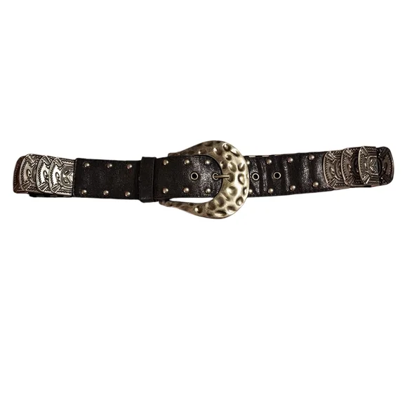 Vintage 90s Y2K Metal Disc Hammered  Stretch Belt w/Large Chunky Buckle |Size XL