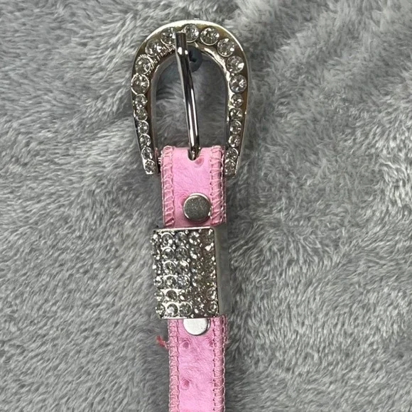 Pink Rhinestone Western Belt Ostrich Embossed Horseshoe Buckle Size 26 Rodeo Y2K