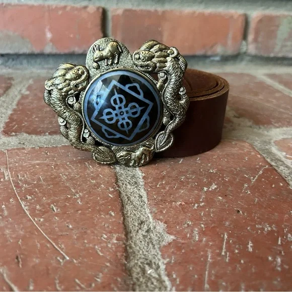 VTG Lucky Brand Brass Dragon Leather Belt Sz S
