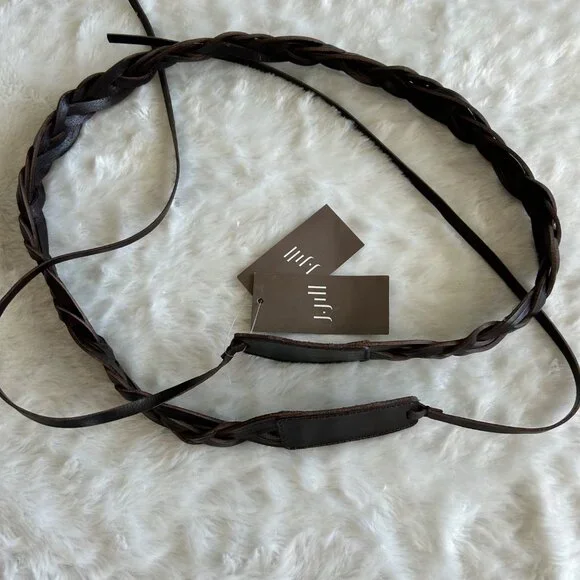 NWT J. Jill Dark Brown 100% Leather Woven Braided Tie Belt - XL