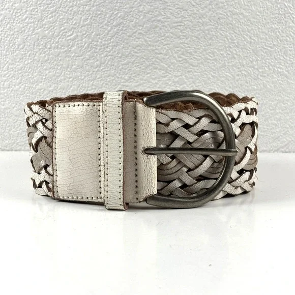 Hollister Braided Belt Womens M/L White Tan Genuine Leather Woven Wide Boho Y2K