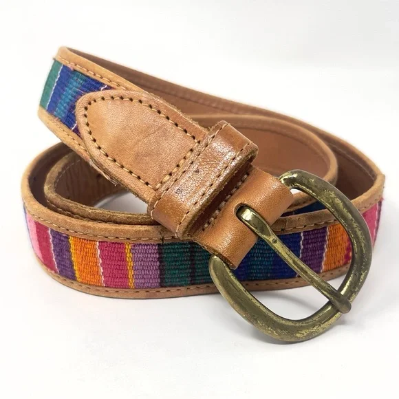 Vintage Guatemalan Leather Belt, Colorful‎ Woven Stripe, Brass Buckle Boho