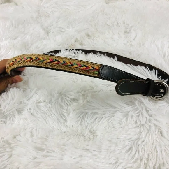 Colorful woven and brown leather belt 36.5” long. Cute and trendy! 90’s vintage!