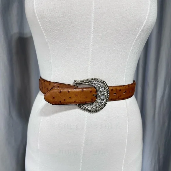 Brown Leather Belt with Silver Buckle Tony Lama Western L Cowgirl Rhinestone