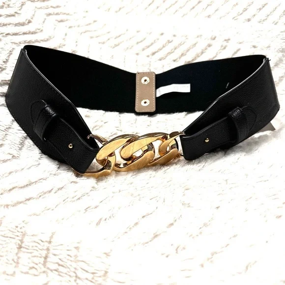Vince Camuto Statement Belt Black Stretch Gold Chain,  Snaps in Back, S/M NWT