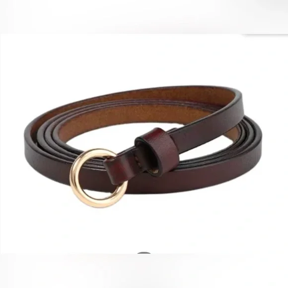 💥 2/$10 Ladies Elegant narrow Brown Leather Belt with Gold circle Buckle