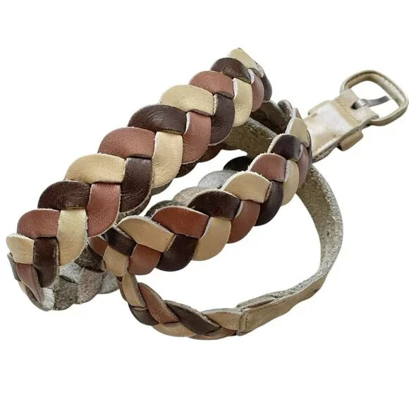 VTG 80s Preppy Academia Leather Braided Tricolor Belt Women’s S 35” Brown Tan