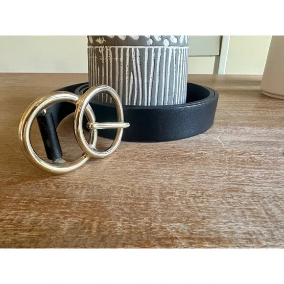 Womens Black Faux Leather Belt Gold Double O-Ring Circle Buckle Accessory Large