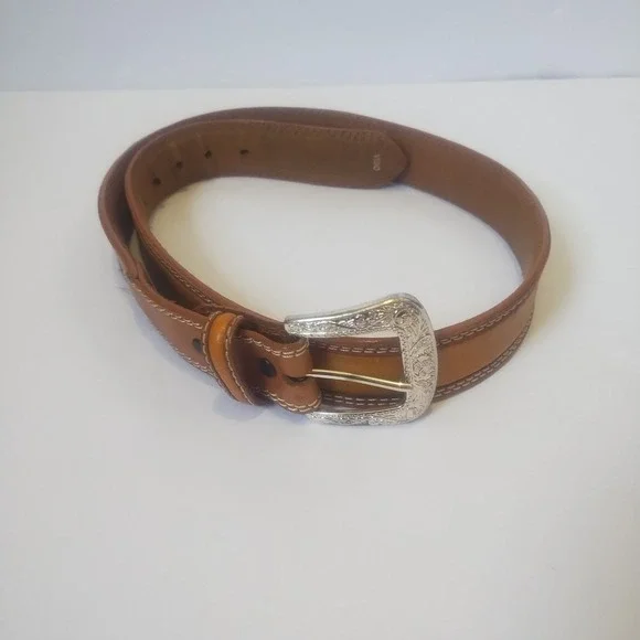 Western Belt Women's 36 Brown Ostrich Print Silver Plated Buckle Boho Cowgirl